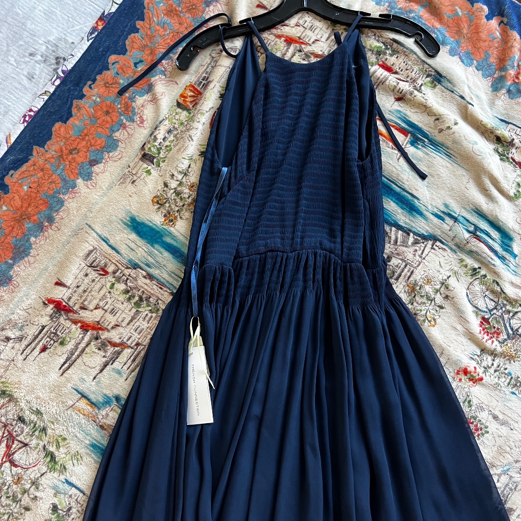 French Connection Navy Pleated Chiffon Halter Maxi Dress Nwt Size 4